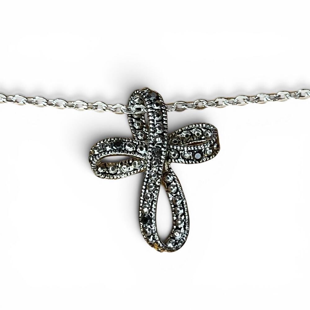 Silver Tone Marcasite Style Ribbon Infinity Cross Necklace 18” Art Deco Revival